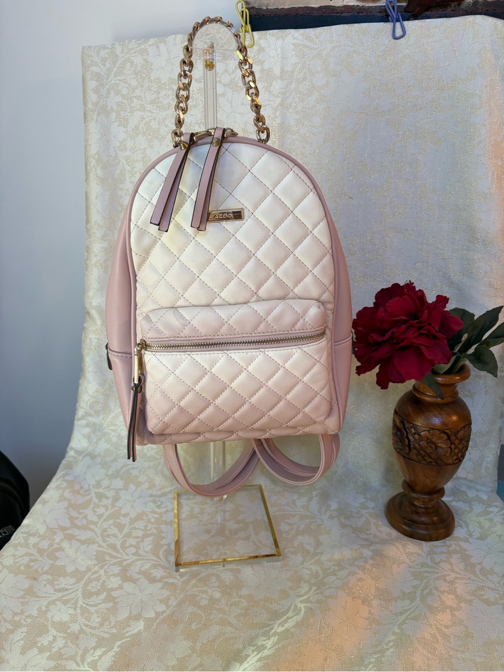 Aldo Blush Quilted Mini Backpack with Gold Chain Handle